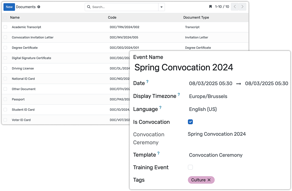 Dashboard showing registration deadlines with multilingual form options and automated reminders for convocation tasks