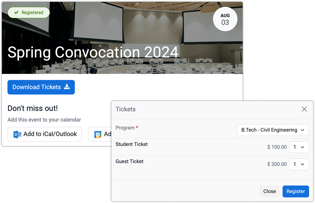 Convocation Registration and Pass Management Students registering online, paying fees, and receiving convocation passes with QR codes